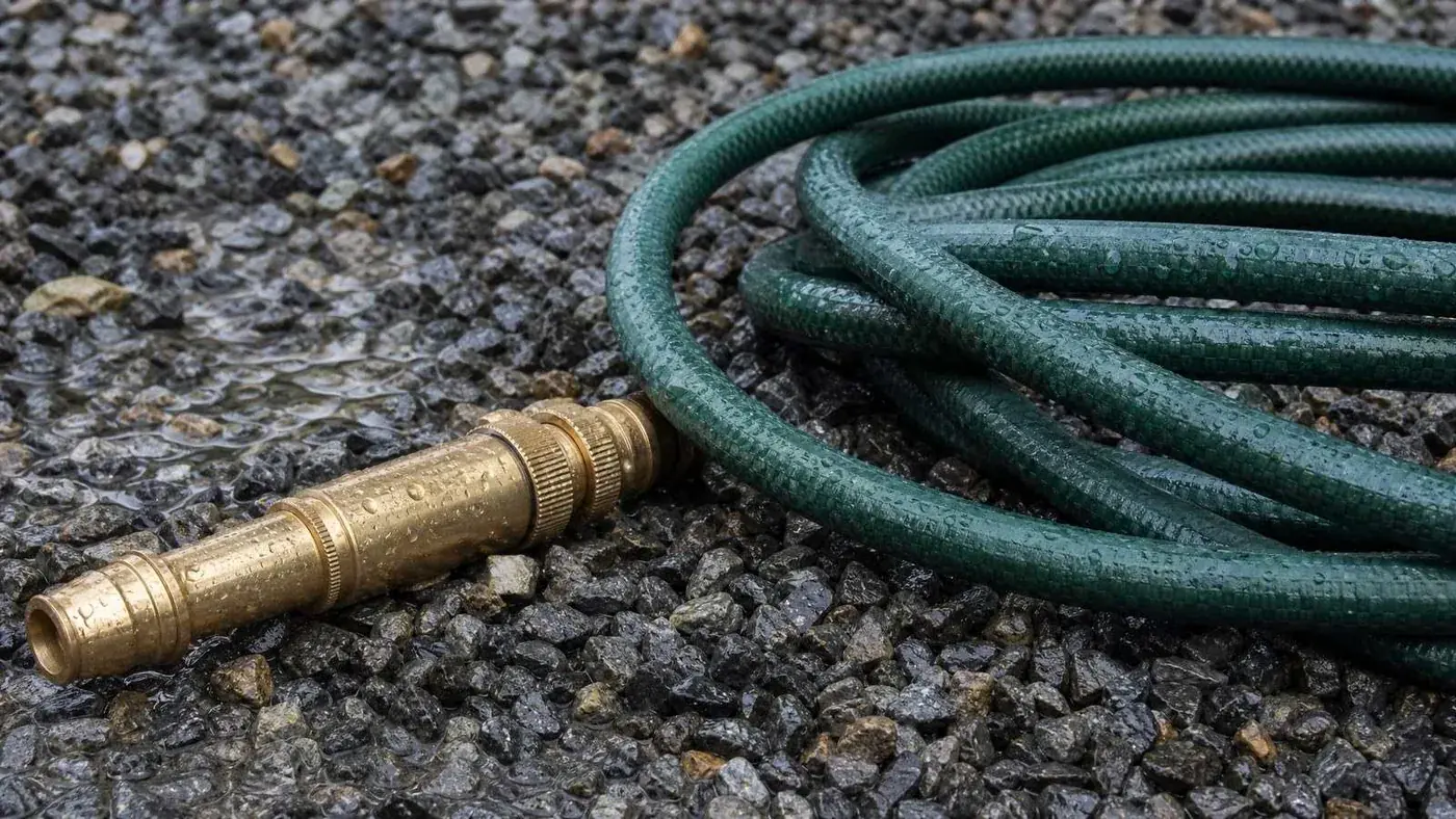 Un embout de tuyau en laiton sur du gravier humide, à côté d’un boyau vert enroulé.