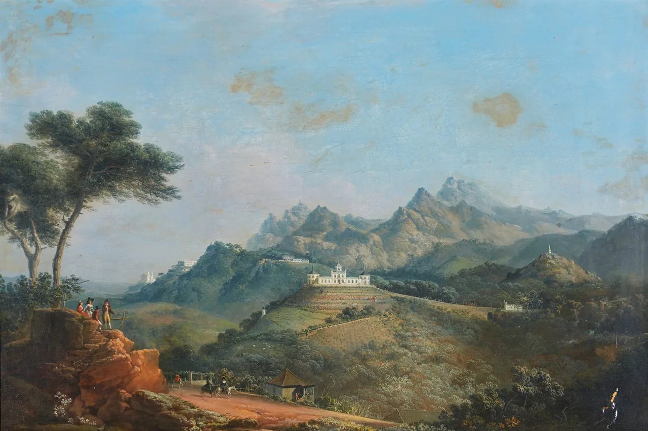 Un cuadro al óleo de 1790: la casa neogótica blanca de Gerard de Visme en su cresta, con las colinas de Sintra y el Castillo de los Moros al fondo