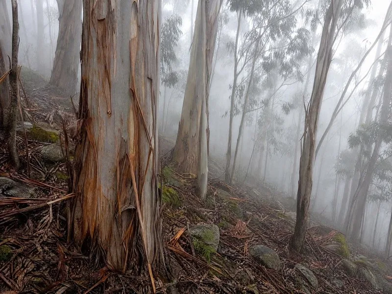 Tall eucalyptus trunks with peeling bark receding into mist on a hillside
