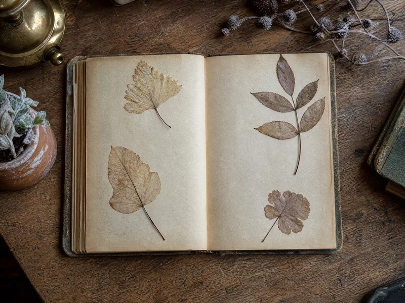 Feuilles séchées aplaties entre les pages d’un vieux livre