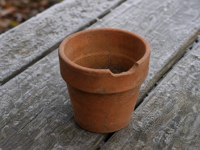 Un pot en terre cuite vide au bord ébréché